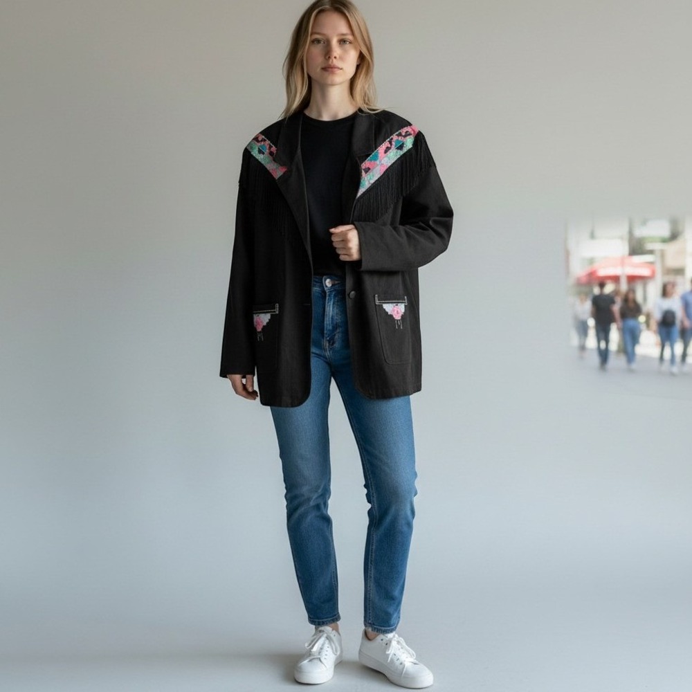 Torpedo International Black Jean Jacket Upcycled Western Size Large Vintage